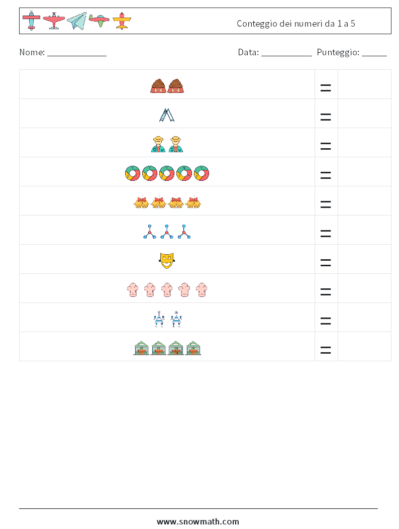 Conteggio dei numeri da 1 a 5 Fogli di lavoro di matematica 4