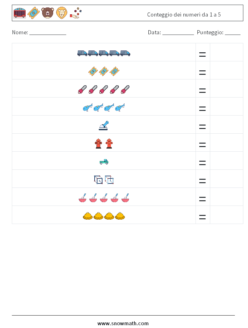 Conteggio dei numeri da 1 a 5 Fogli di lavoro di matematica 5