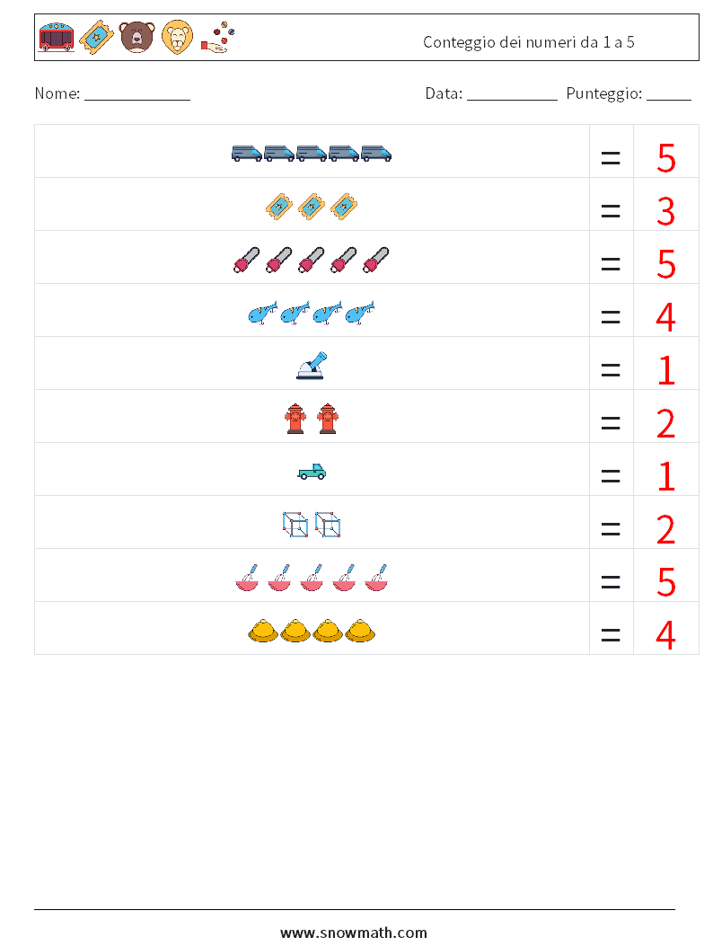 Conteggio dei numeri da 1 a 5 Fogli di lavoro di matematica 5 Domanda, Risposta