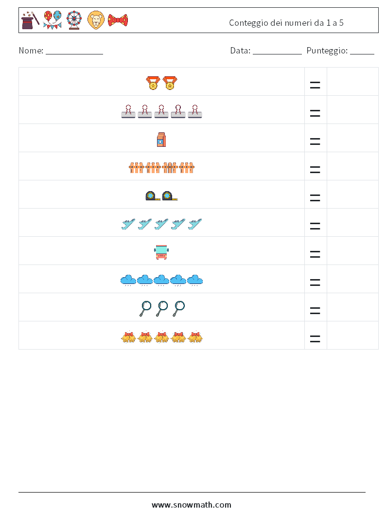 Conteggio dei numeri da 1 a 5 Fogli di lavoro di matematica 6