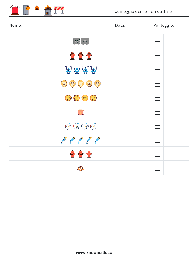 Conteggio dei numeri da 1 a 5 Fogli di lavoro di matematica 9