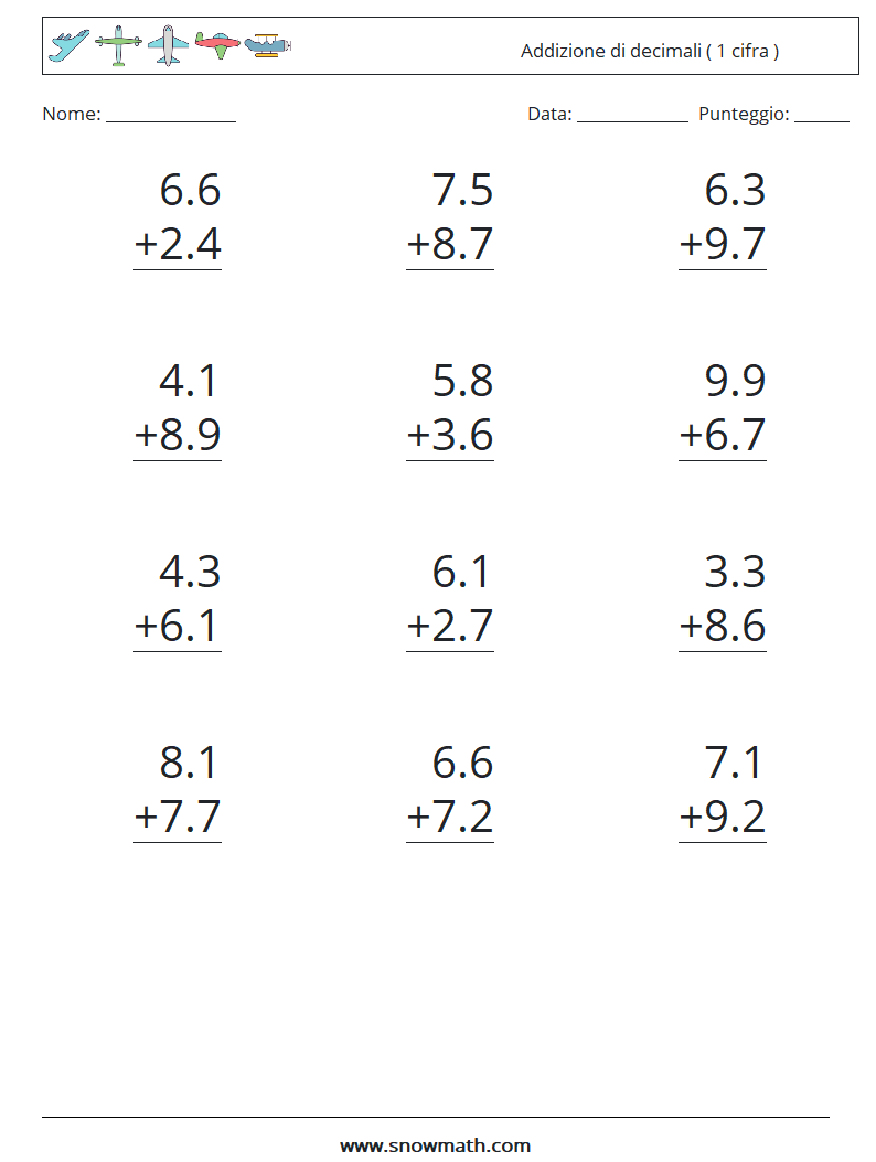 (12) Addizione di decimali ( 1 cifra ) Fogli di lavoro di matematica 1