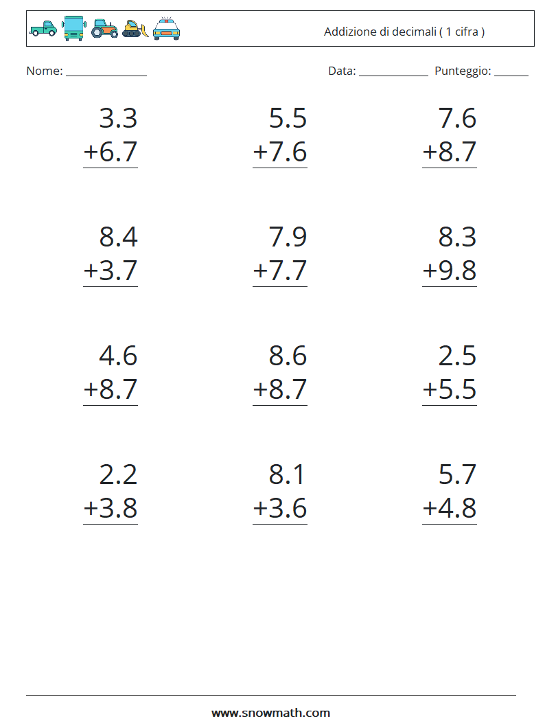 (12) Addizione di decimali ( 1 cifra ) Fogli di lavoro di matematica 10