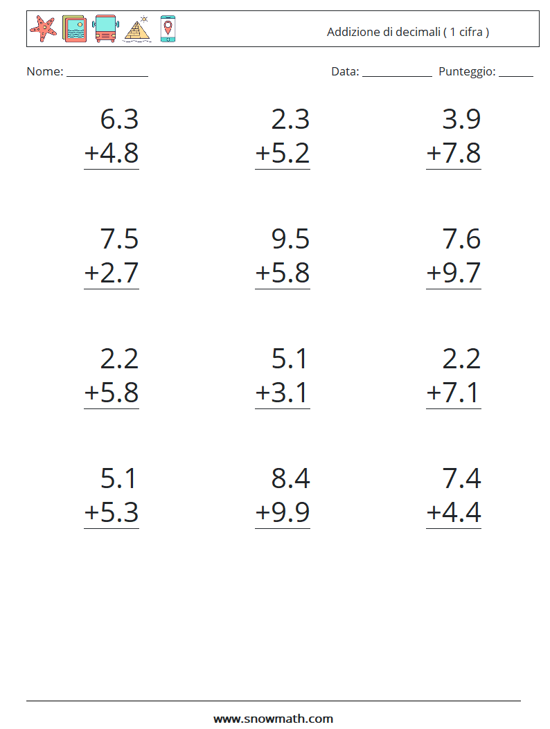 (12) Addizione di decimali ( 1 cifra ) Fogli di lavoro di matematica 12