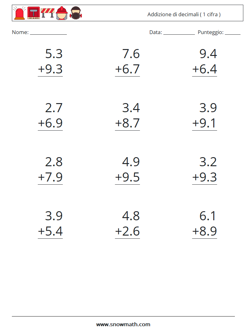 (12) Addizione di decimali ( 1 cifra ) Fogli di lavoro di matematica 13