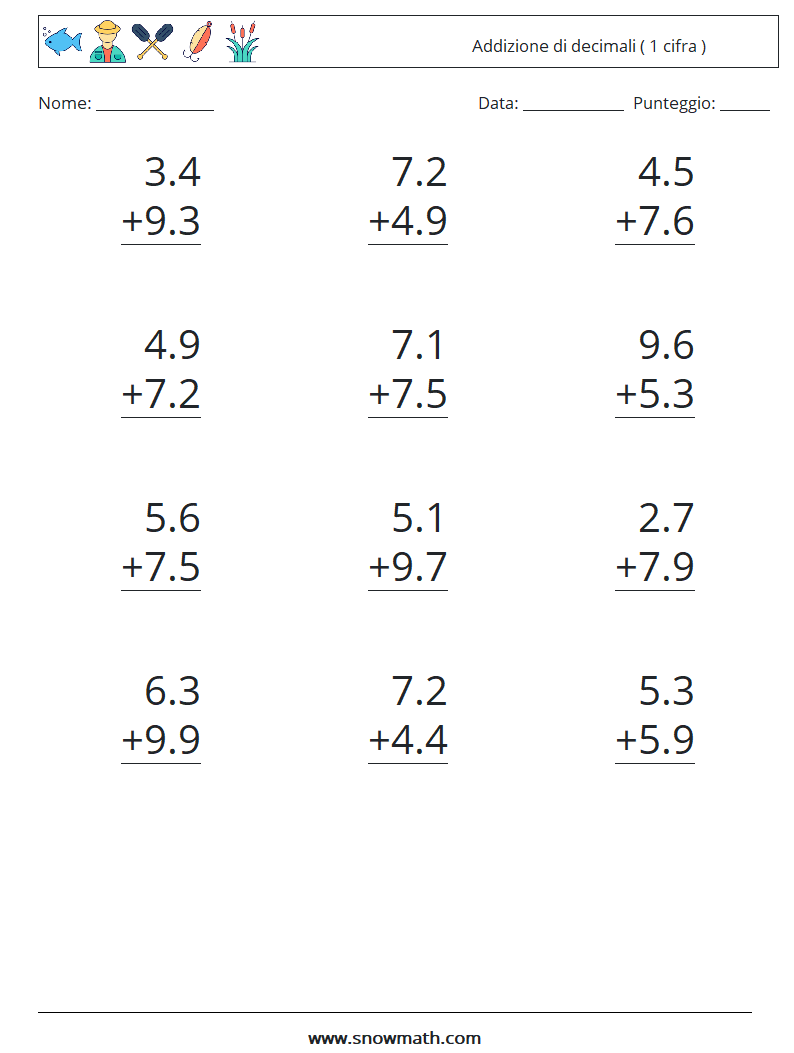 (12) Addizione di decimali ( 1 cifra ) Fogli di lavoro di matematica 14