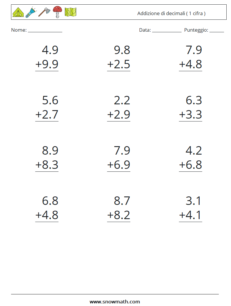 (12) Addizione di decimali ( 1 cifra ) Fogli di lavoro di matematica 15