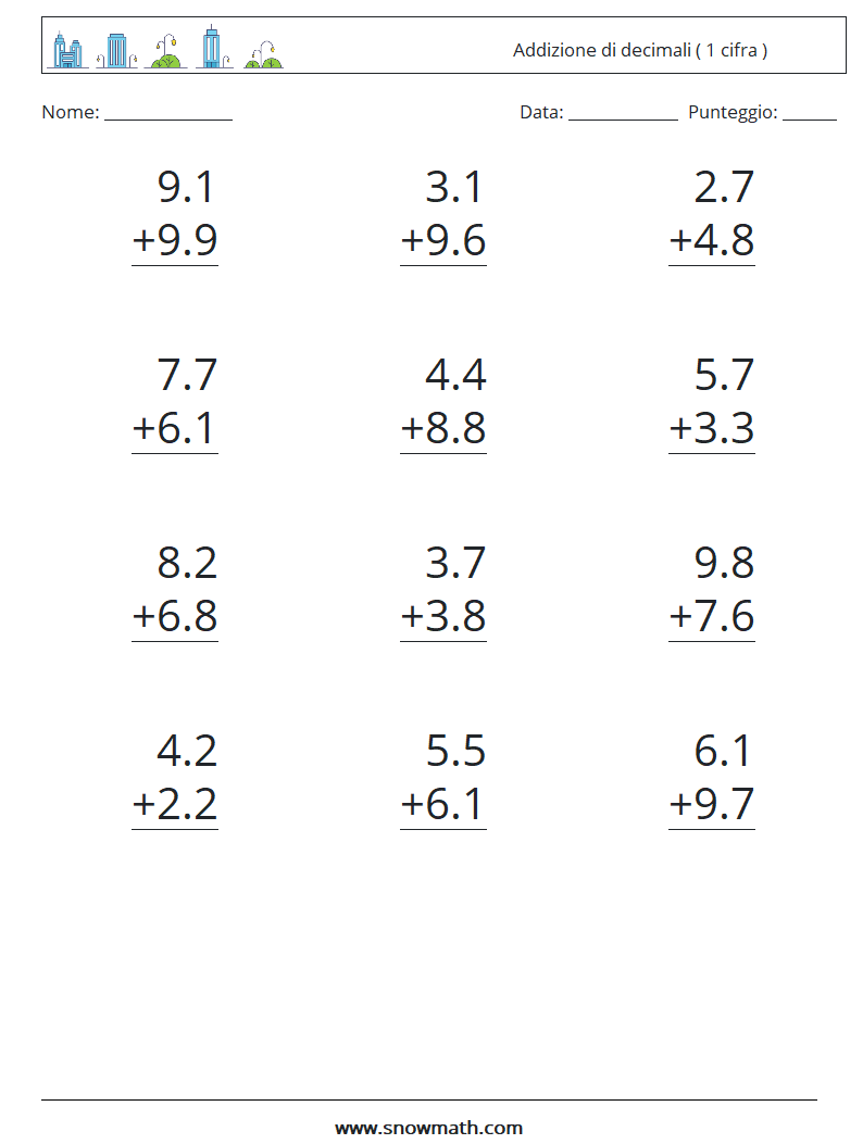 (12) Addizione di decimali ( 1 cifra ) Fogli di lavoro di matematica 2