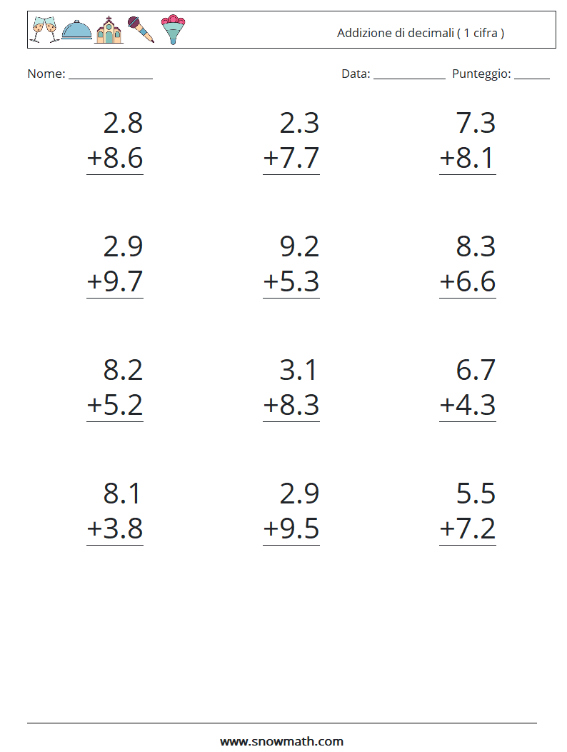 (12) Addizione di decimali ( 1 cifra ) Fogli di lavoro di matematica 3