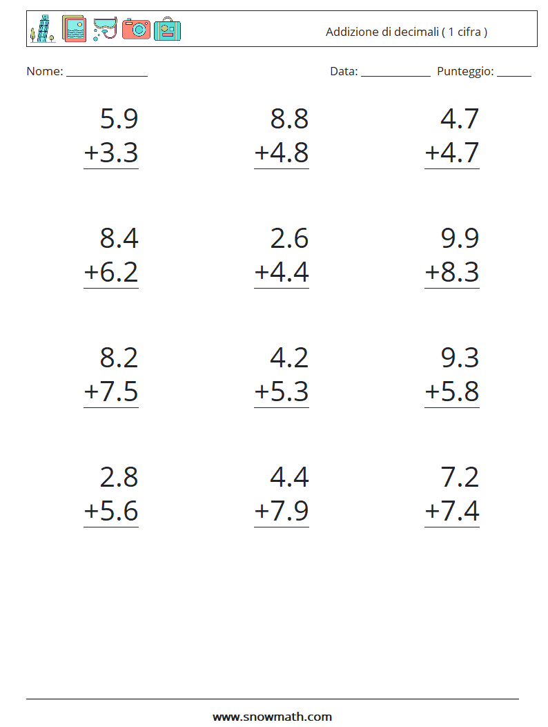 (12) Addizione di decimali ( 1 cifra ) Fogli di lavoro di matematica 5