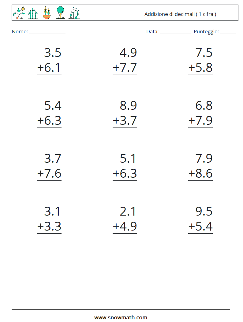 (12) Addizione di decimali ( 1 cifra ) Fogli di lavoro di matematica 8