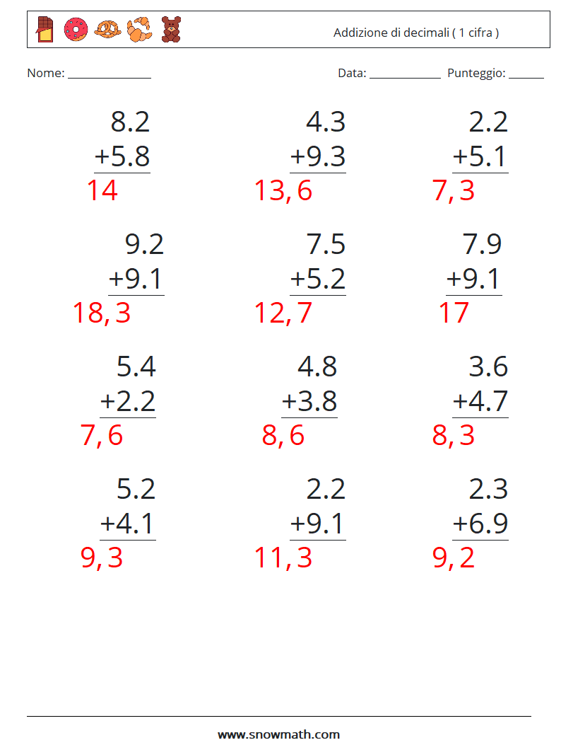 (12) Addizione di decimali ( 1 cifra ) Fogli di lavoro di matematica 9 Domanda, Risposta