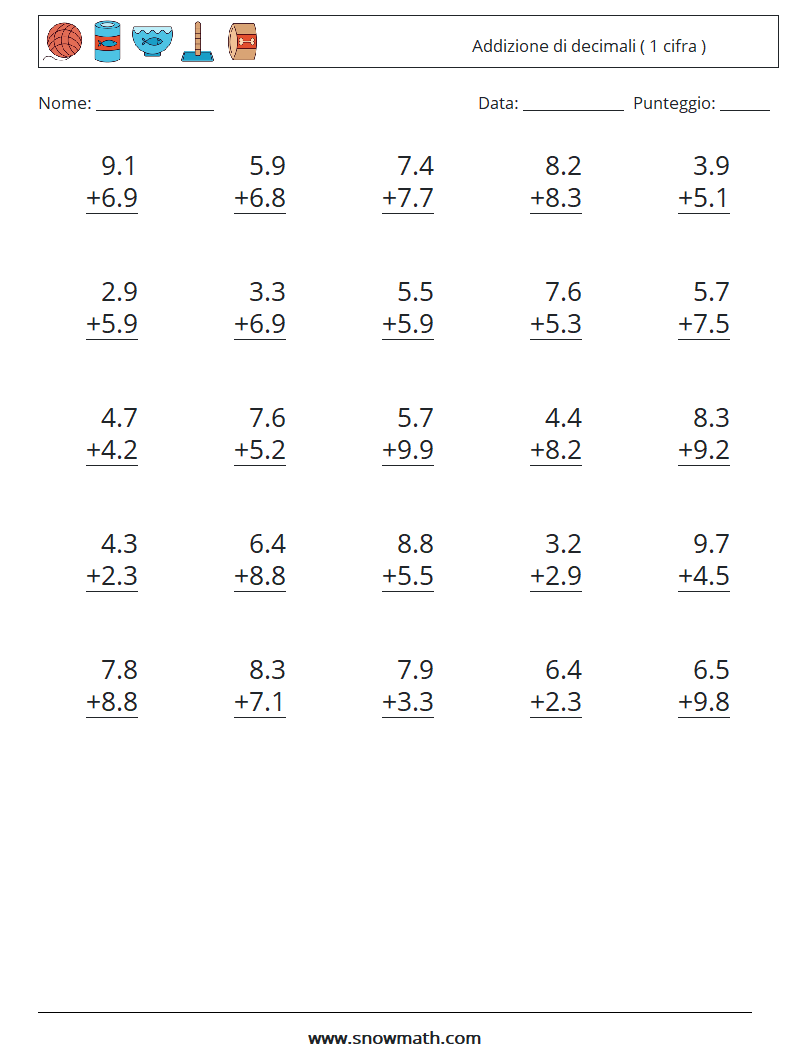 (25) Addizione di decimali ( 1 cifra ) Fogli di lavoro di matematica 1