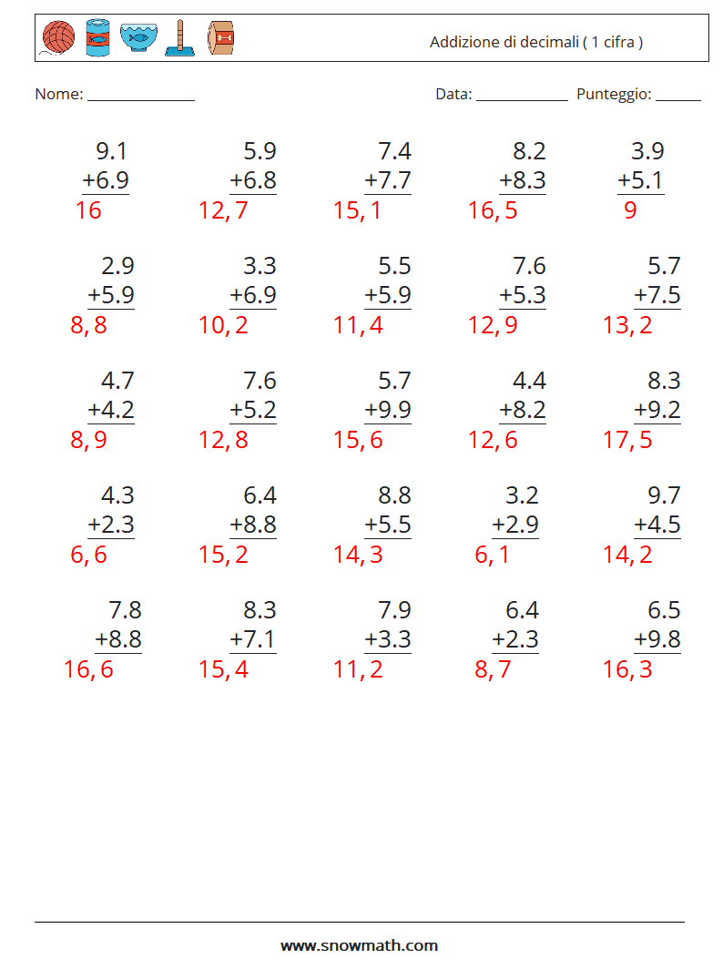 (25) Addizione di decimali ( 1 cifra ) Fogli di lavoro di matematica 1 Domanda, Risposta