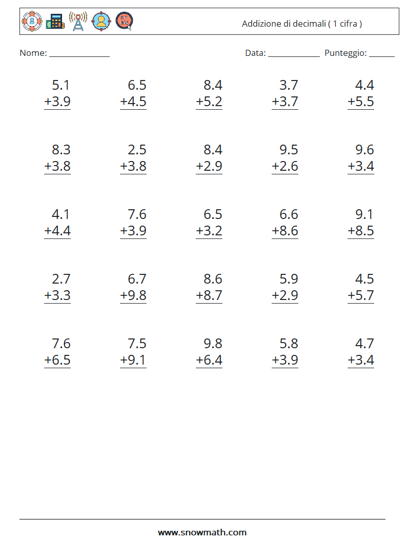 (25) Addizione di decimali ( 1 cifra ) Fogli di lavoro di matematica 7