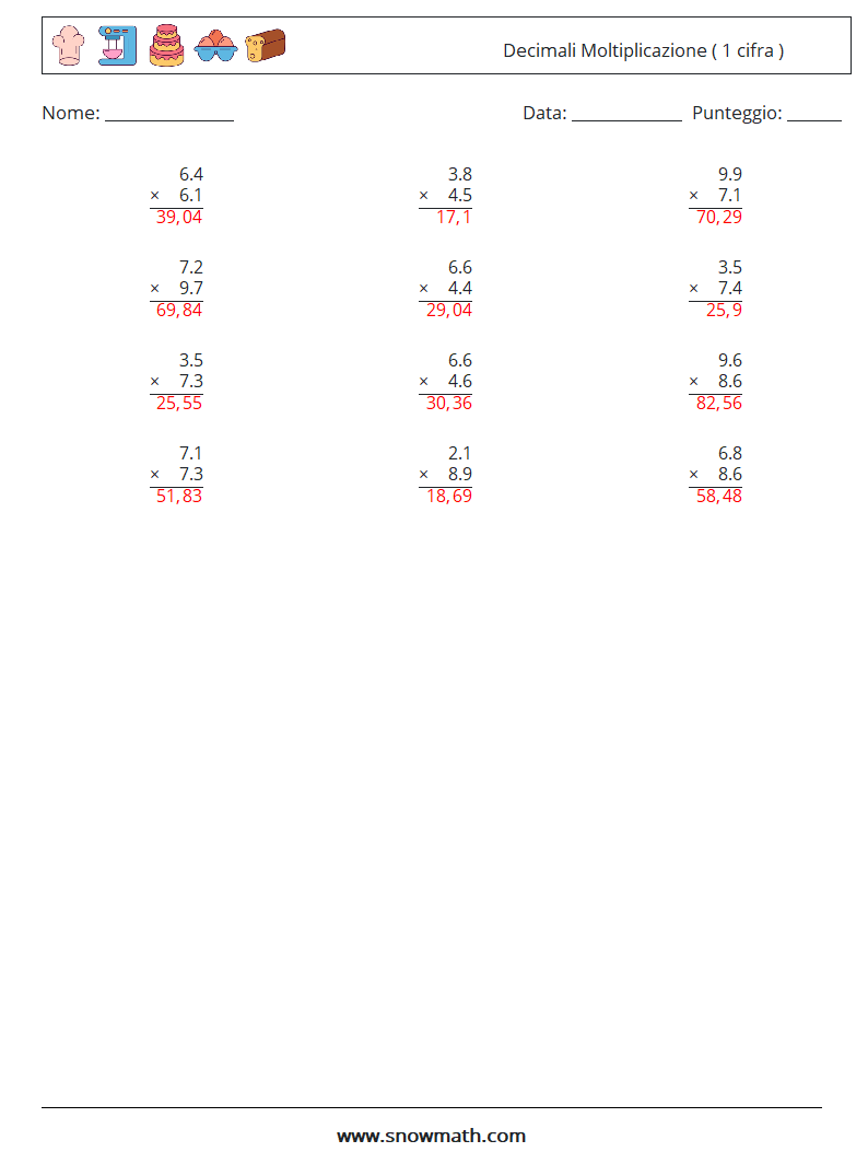 (12) Decimali Moltiplicazione ( 1 cifra ) Fogli di lavoro di matematica 6 Domanda, Risposta
