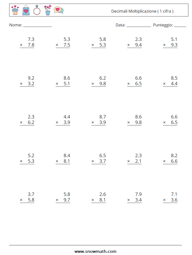 (25) Decimali Moltiplicazione ( 1 cifra ) Fogli di lavoro di matematica 12