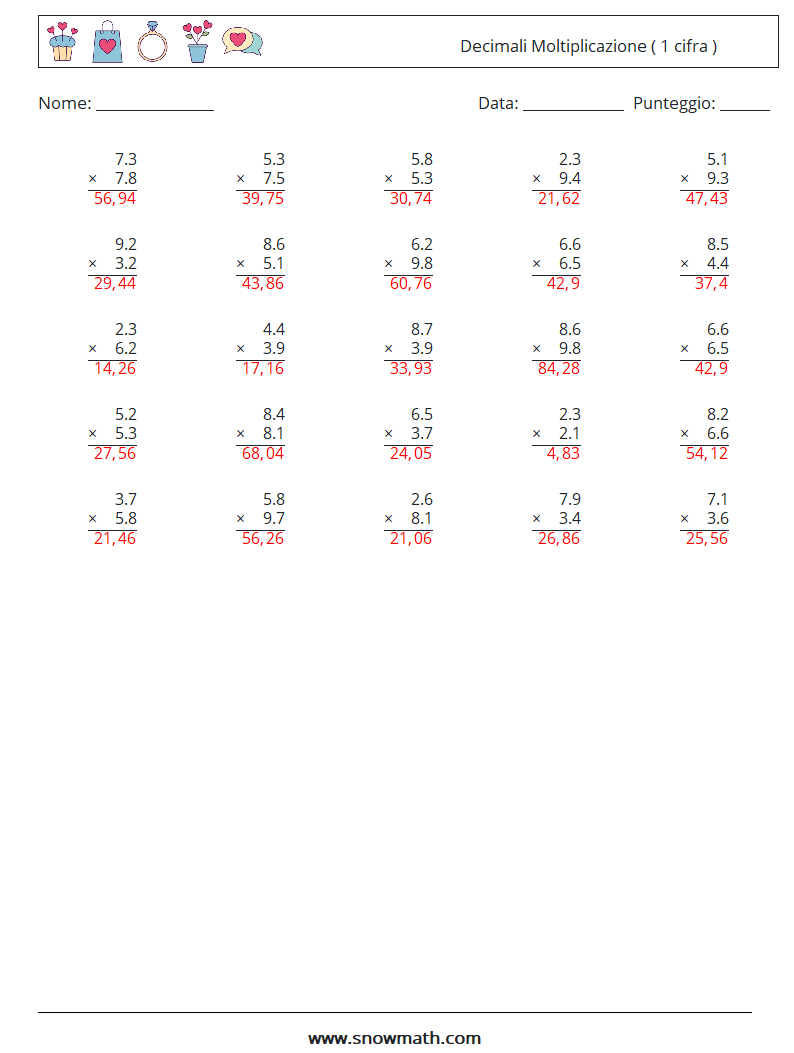 (25) Decimali Moltiplicazione ( 1 cifra ) Fogli di lavoro di matematica 12 Domanda, Risposta