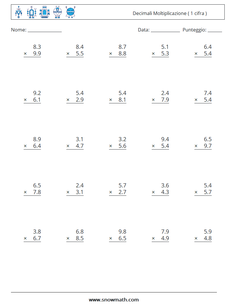 (25) Decimali Moltiplicazione ( 1 cifra ) Fogli di lavoro di matematica 14