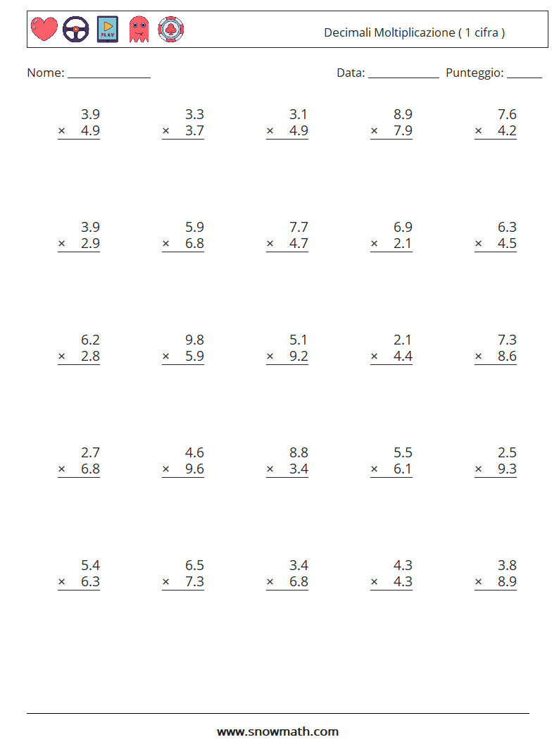 (25) Decimali Moltiplicazione ( 1 cifra ) Fogli di lavoro di matematica 15