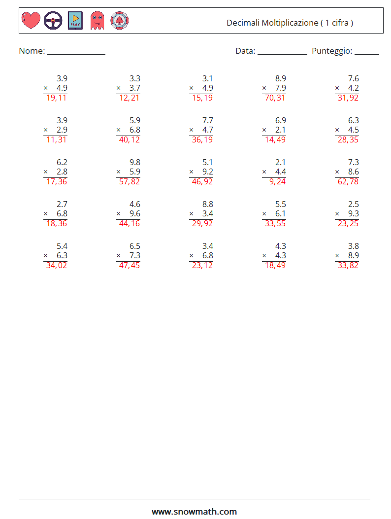 (25) Decimali Moltiplicazione ( 1 cifra ) Fogli di lavoro di matematica 15 Domanda, Risposta