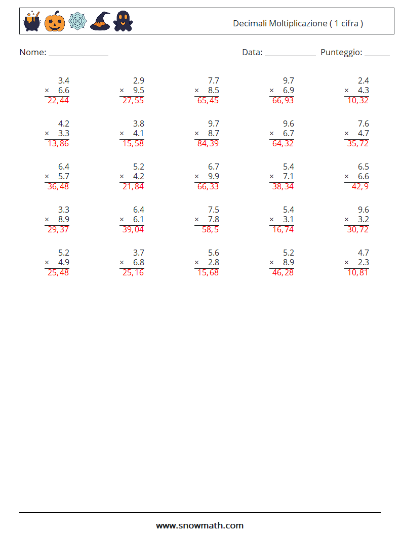 (25) Decimali Moltiplicazione ( 1 cifra ) Fogli di lavoro di matematica 16 Domanda, Risposta
