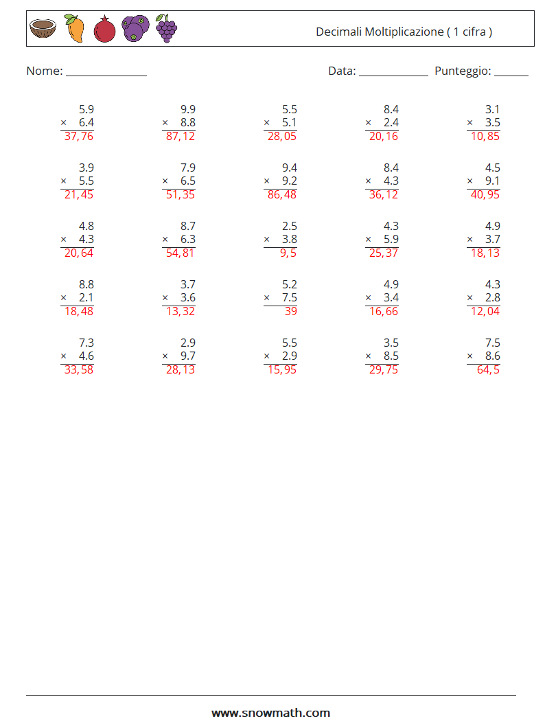 (25) Decimali Moltiplicazione ( 1 cifra ) Fogli di lavoro di matematica 17 Domanda, Risposta