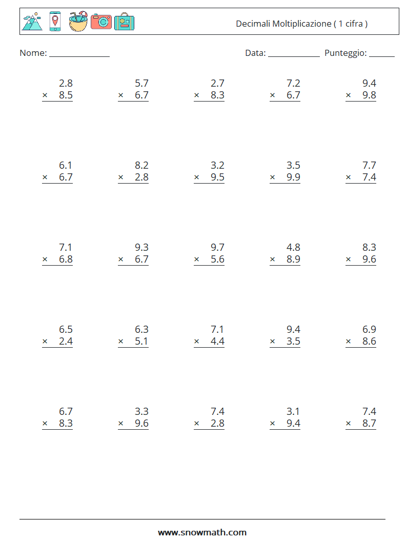 (25) Decimali Moltiplicazione ( 1 cifra ) Fogli di lavoro di matematica 18
