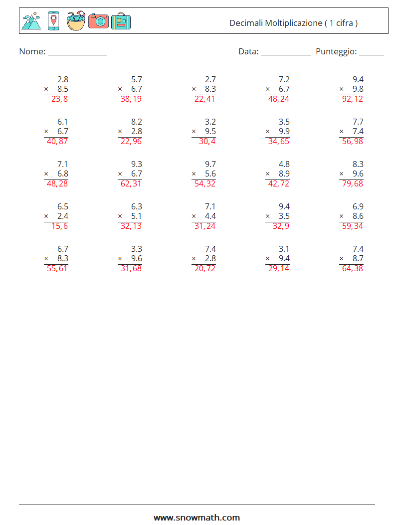 (25) Decimali Moltiplicazione ( 1 cifra ) Fogli di lavoro di matematica 18 Domanda, Risposta
