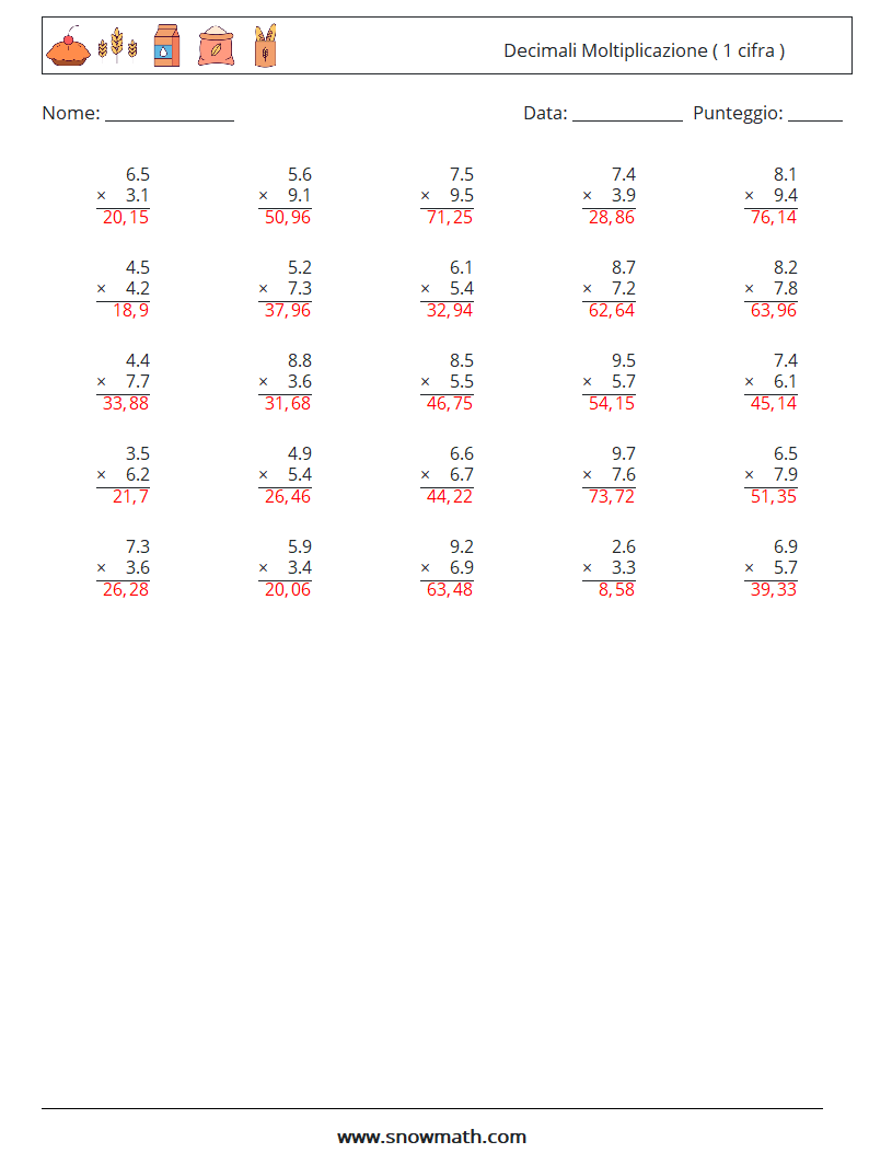 (25) Decimali Moltiplicazione ( 1 cifra ) Fogli di lavoro di matematica 1 Domanda, Risposta