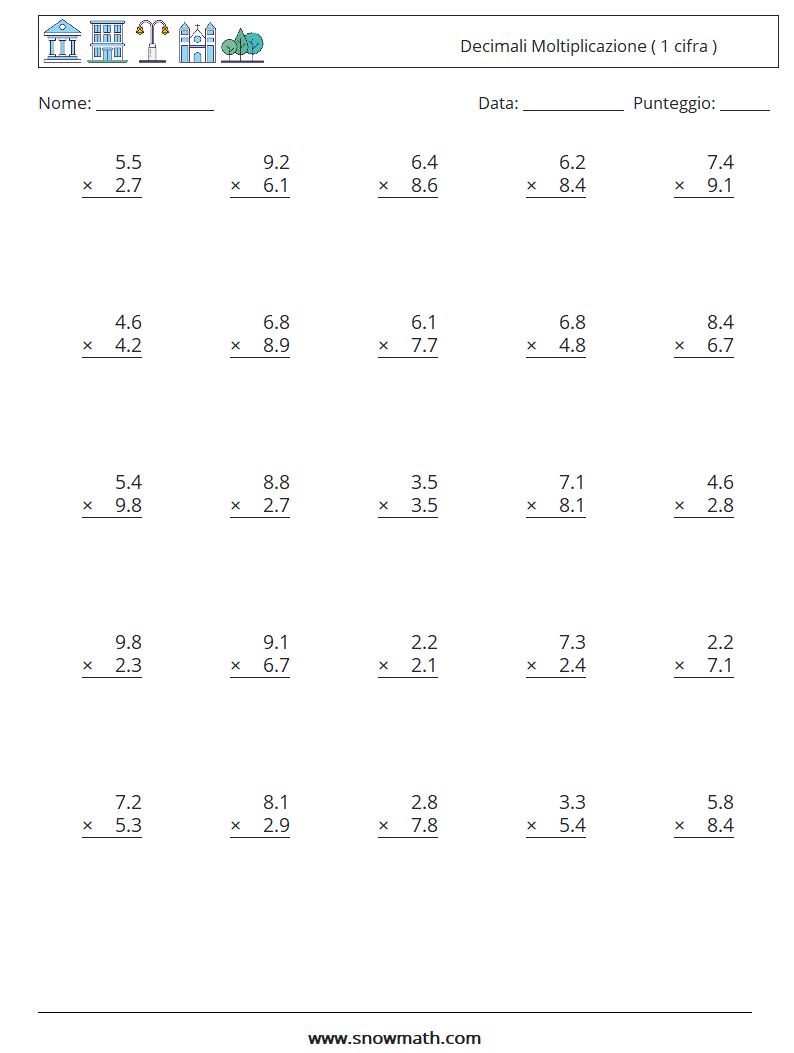 (25) Decimali Moltiplicazione ( 1 cifra ) Fogli di lavoro di matematica 2