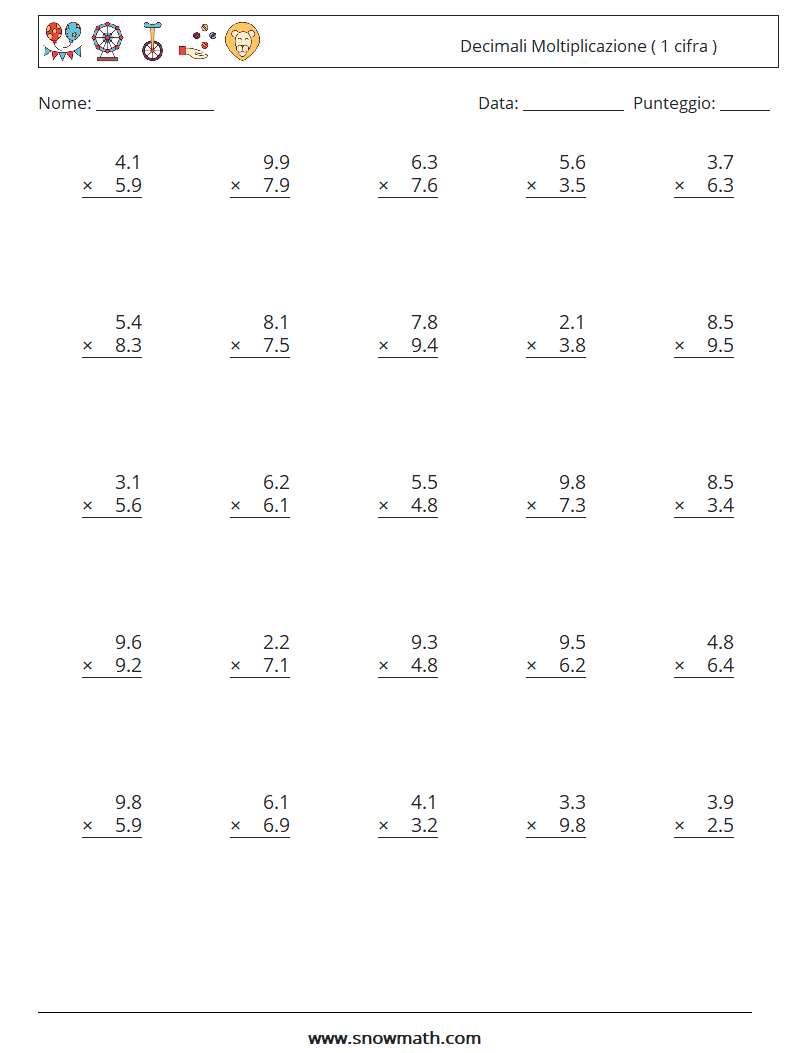 (25) Decimali Moltiplicazione ( 1 cifra ) Fogli di lavoro di matematica 4