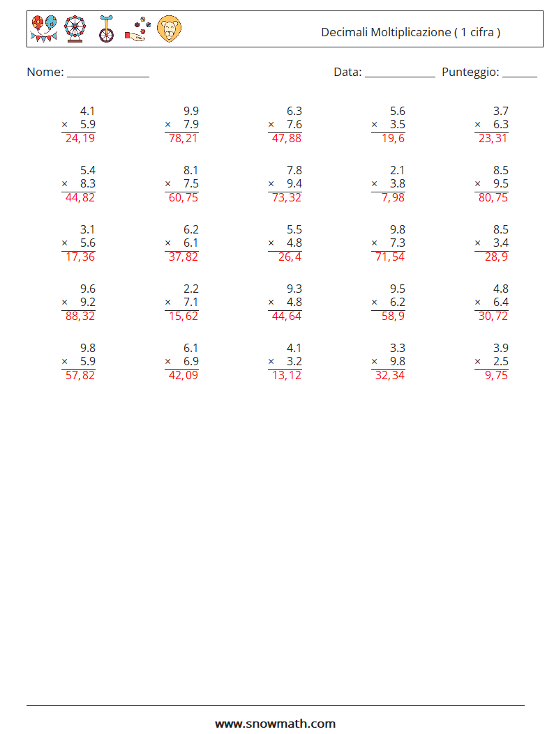 (25) Decimali Moltiplicazione ( 1 cifra ) Fogli di lavoro di matematica 4 Domanda, Risposta