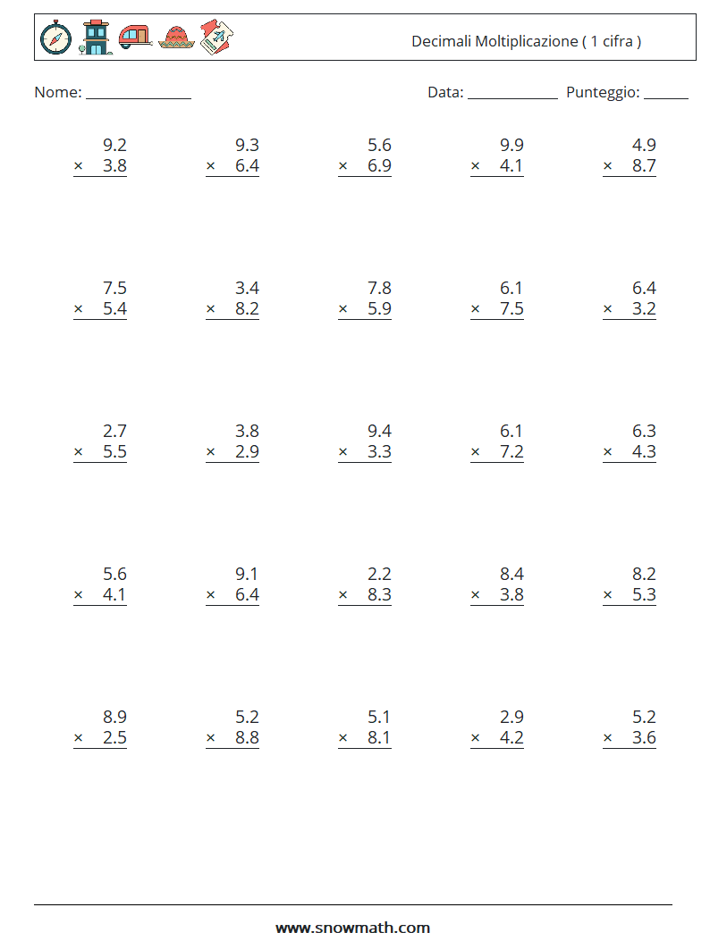 (25) Decimali Moltiplicazione ( 1 cifra ) Fogli di lavoro di matematica 5