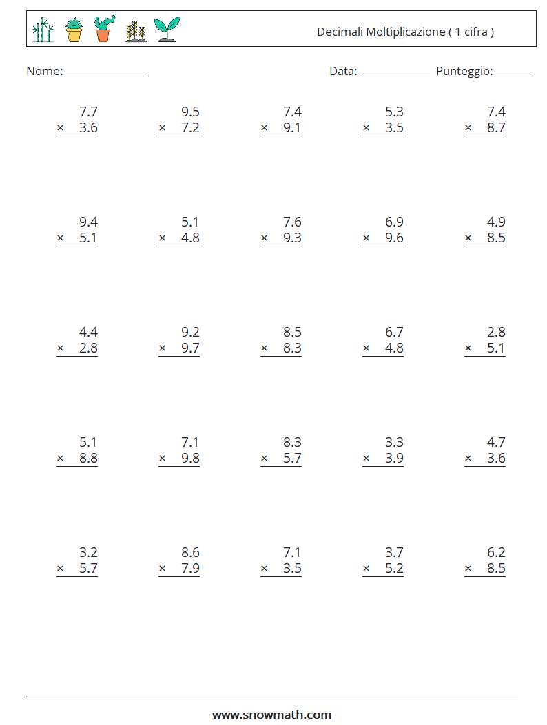 (25) Decimali Moltiplicazione ( 1 cifra ) Fogli di lavoro di matematica 8