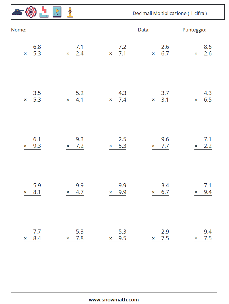 (25) Decimali Moltiplicazione ( 1 cifra ) Fogli di lavoro di matematica 9