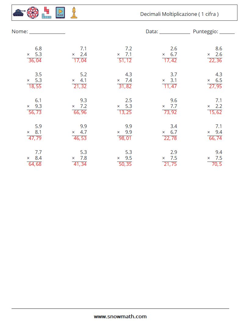 (25) Decimali Moltiplicazione ( 1 cifra ) Fogli di lavoro di matematica 9 Domanda, Risposta