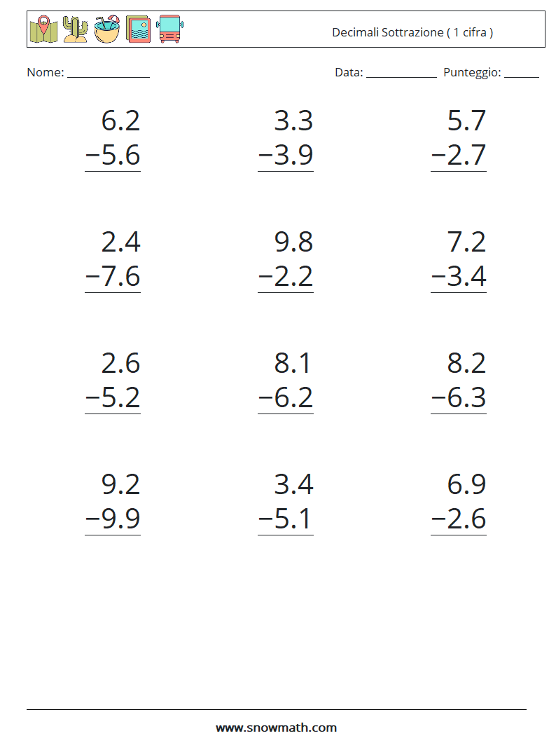 (12) Decimali Sottrazione ( 1 cifra ) Fogli di lavoro di matematica 1