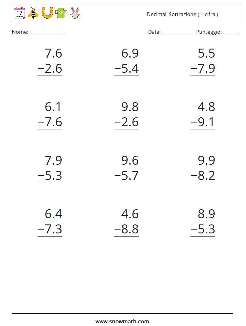 (12) Decimali Sottrazione ( 1 cifra ) Fogli di lavoro di matematica 10