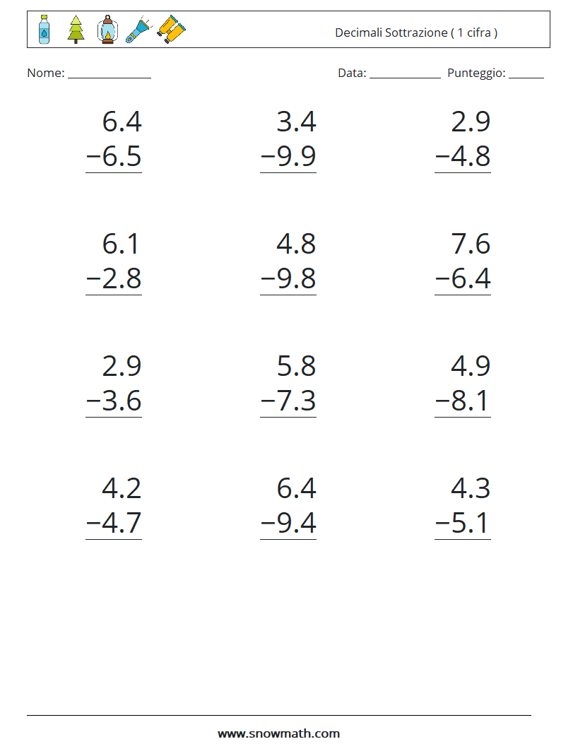 (12) Decimali Sottrazione ( 1 cifra ) Fogli di lavoro di matematica 15