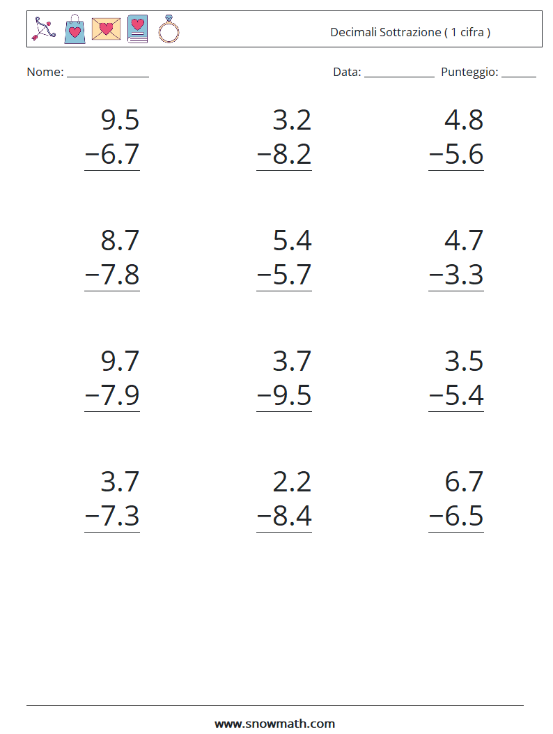 (12) Decimali Sottrazione ( 1 cifra ) Fogli di lavoro di matematica 17