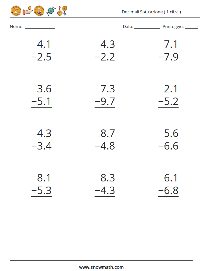 (12) Decimali Sottrazione ( 1 cifra ) Fogli di lavoro di matematica 3