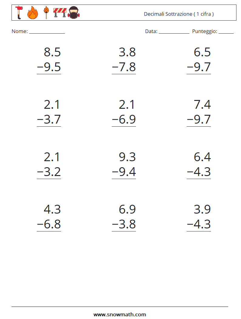 (12) Decimali Sottrazione ( 1 cifra ) Fogli di lavoro di matematica 6