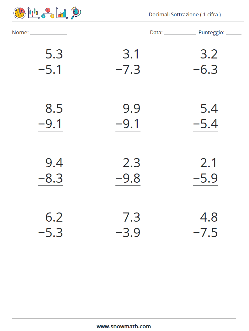 (12) Decimali Sottrazione ( 1 cifra ) Fogli di lavoro di matematica 7