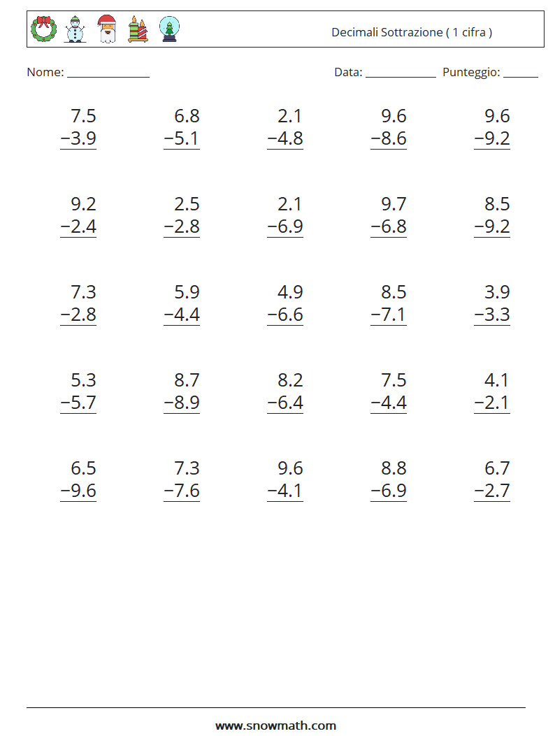 (25) Decimali Sottrazione ( 1 cifra ) Fogli di lavoro di matematica 10
