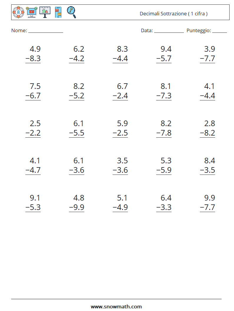 (25) Decimali Sottrazione ( 1 cifra ) Fogli di lavoro di matematica 11