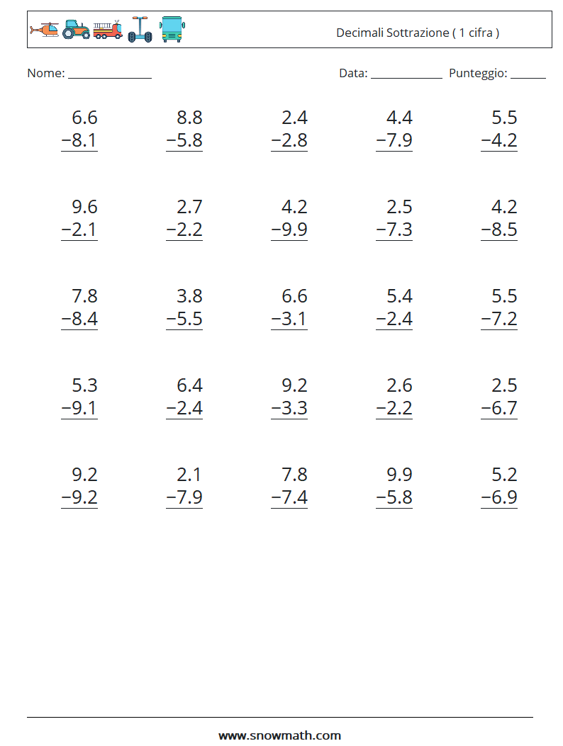 (25) Decimali Sottrazione ( 1 cifra ) Fogli di lavoro di matematica 12