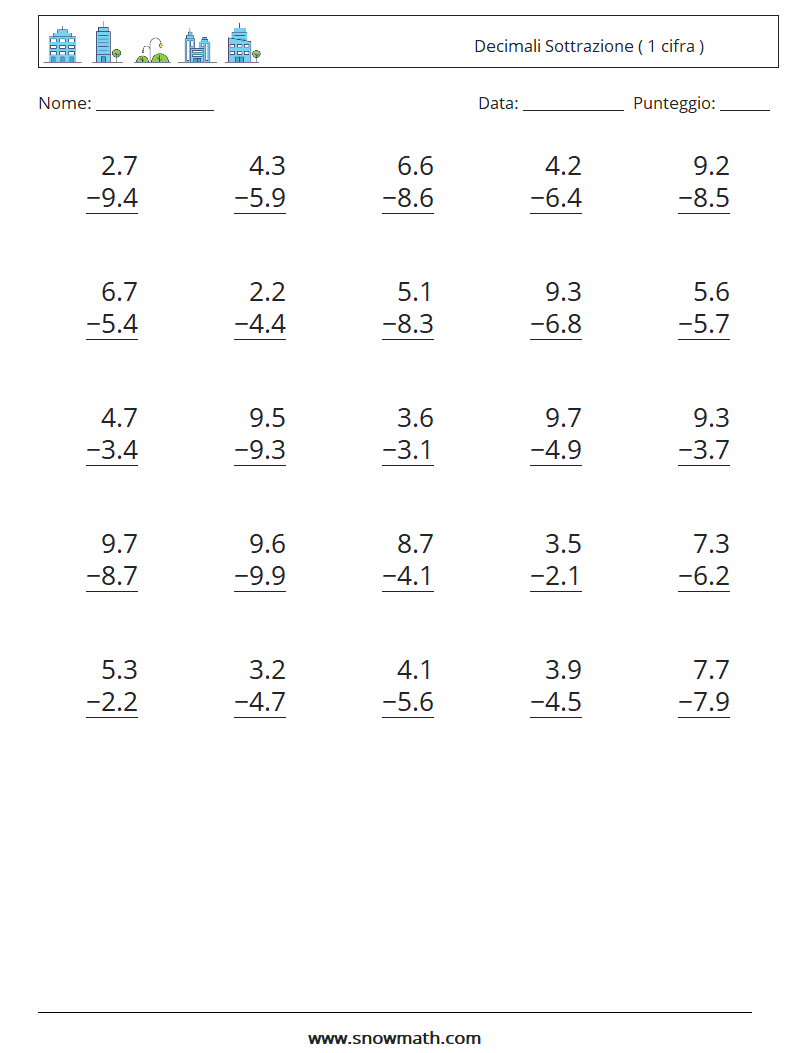 (25) Decimali Sottrazione ( 1 cifra ) Fogli di lavoro di matematica 14