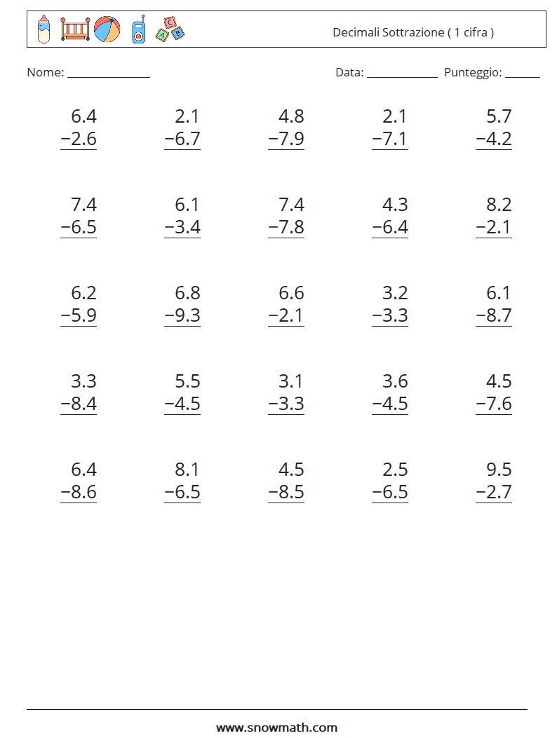 (25) Decimali Sottrazione ( 1 cifra ) Fogli di lavoro di matematica 15