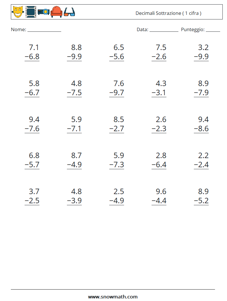 (25) Decimali Sottrazione ( 1 cifra ) Fogli di lavoro di matematica 16